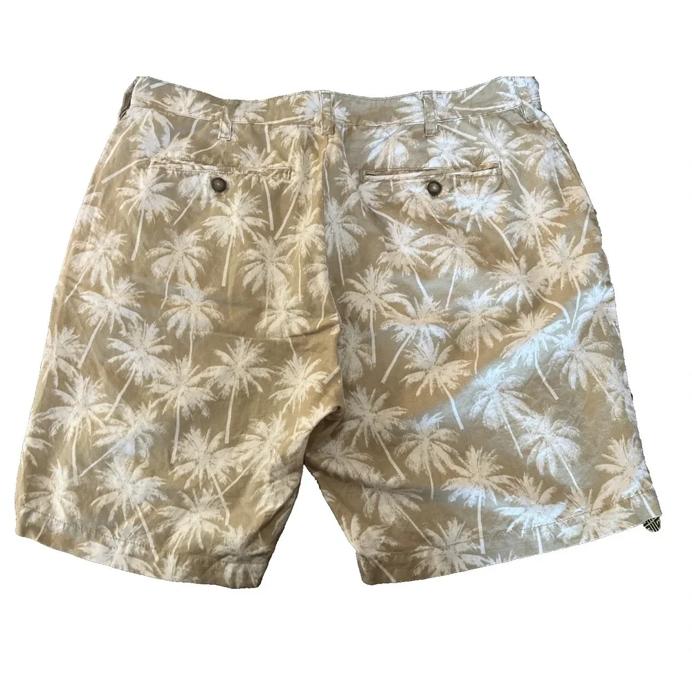 Nautica Men's Linen Cabana Shorts Palm Tree Print Flat Front Khaki White 36W